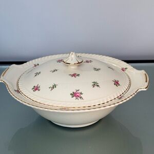 Johnson Brother Ivory Covered Serving Bowl with Pink Rose Motif and Gold Trim